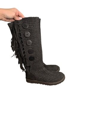 UGG Charcoal Gray Knit Button-Front Fringe Tall Boots